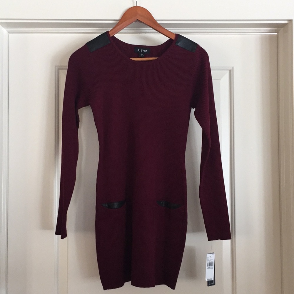 Burgundy Log Sleeve Sweater Dress with Leather